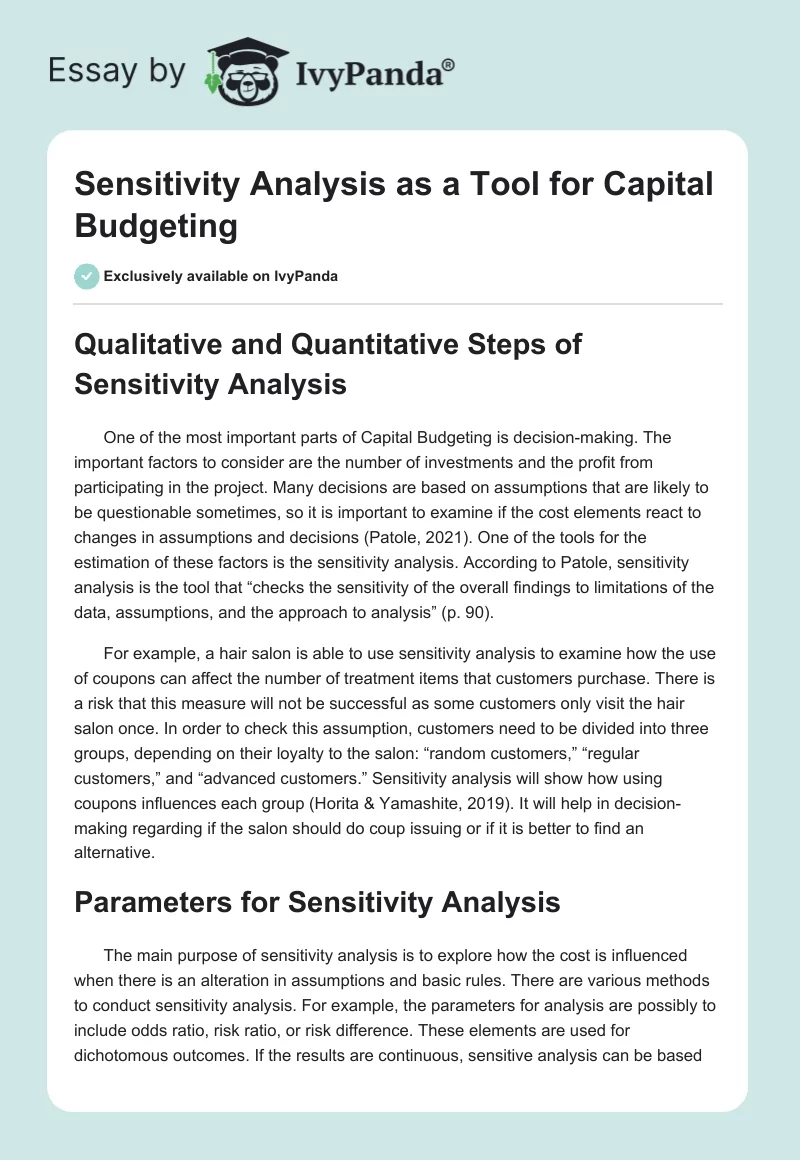 Sensitivity Analysis as a Tool for Capital Budgeting. Page 1