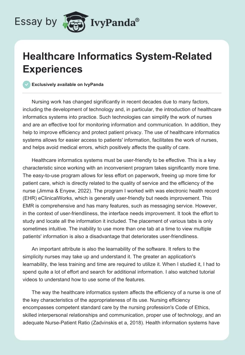 Healthcare Informatics System-Related Experiences. Page 1