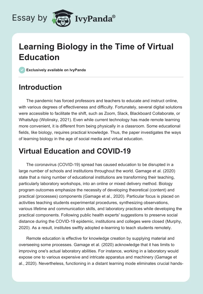 Learning Biology in the Time of Virtual Education. Page 1