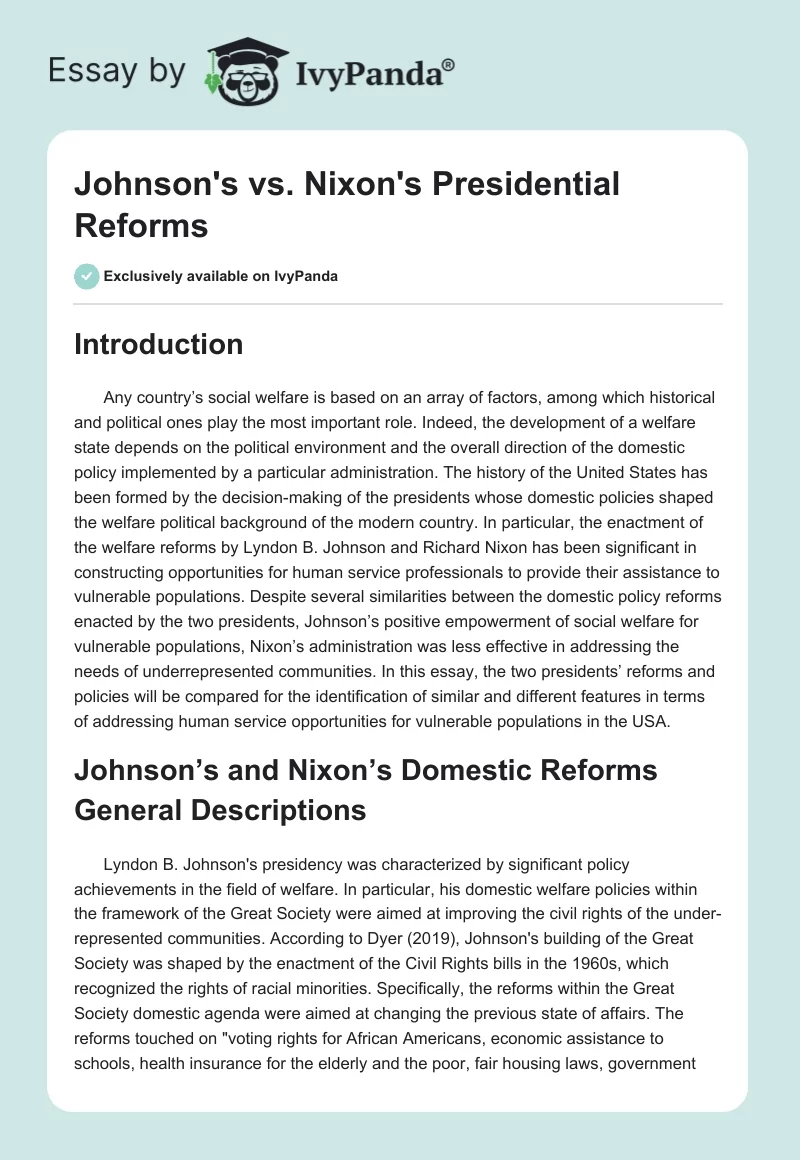 Johnson's vs. Nixon's Presidential Reforms. Page 1