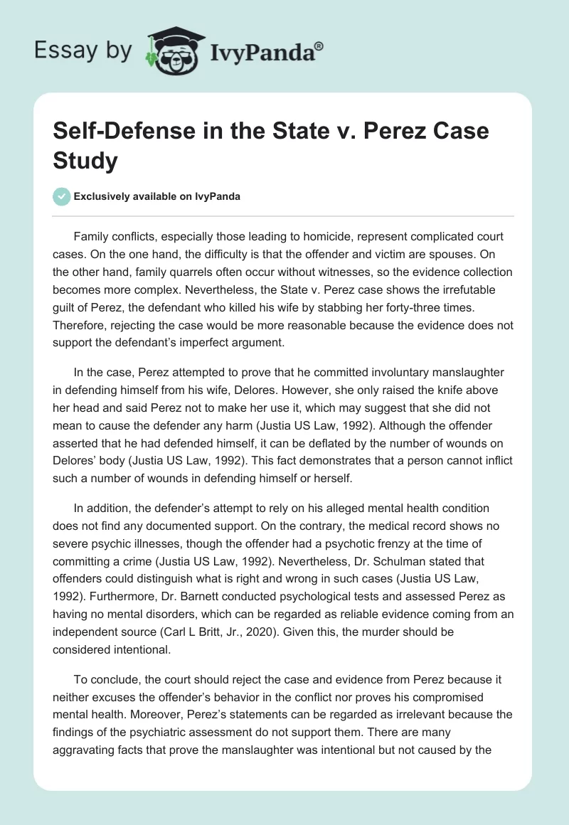 Self-Defense in the State v. Perez Case Study. Page 1