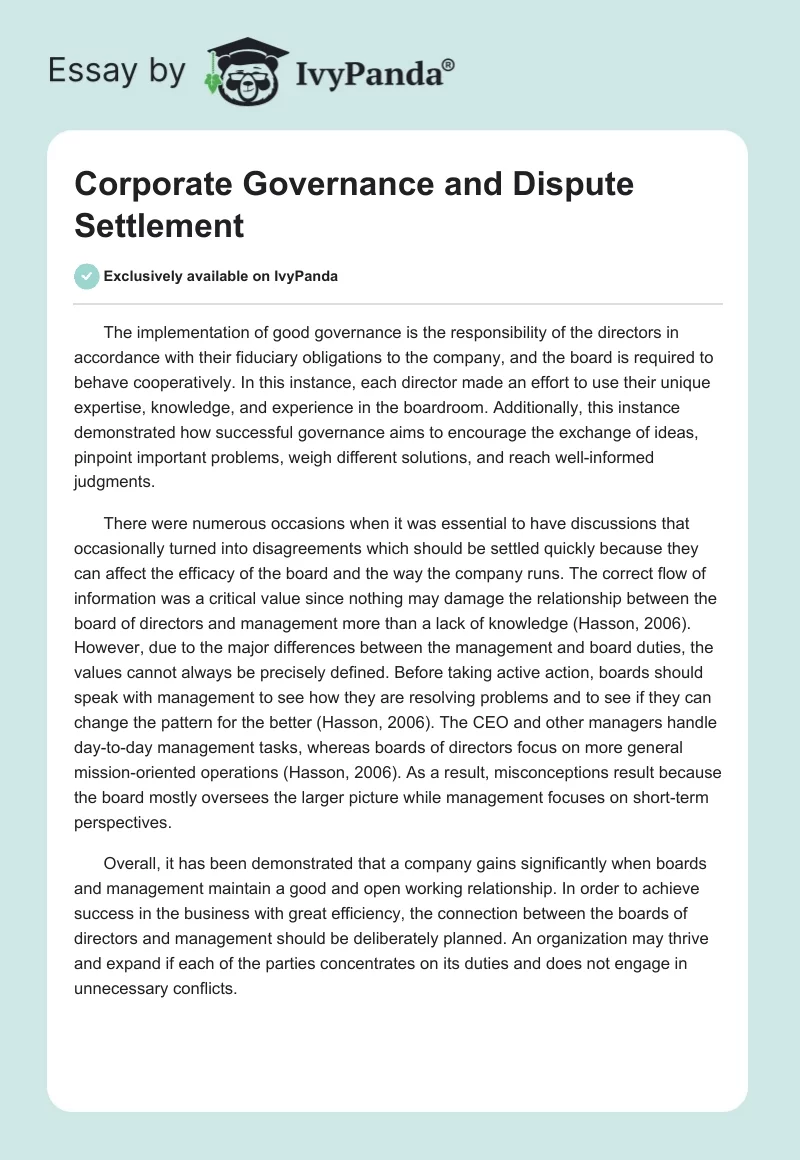 Corporate Governance and Dispute Settlement. Page 1
