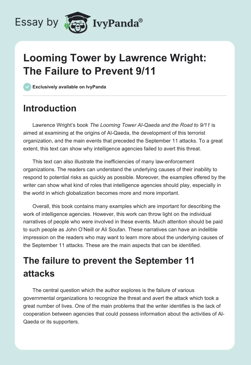 Looming Tower by Lawrence Wright: The Failure to Prevent 9/11. Page 1