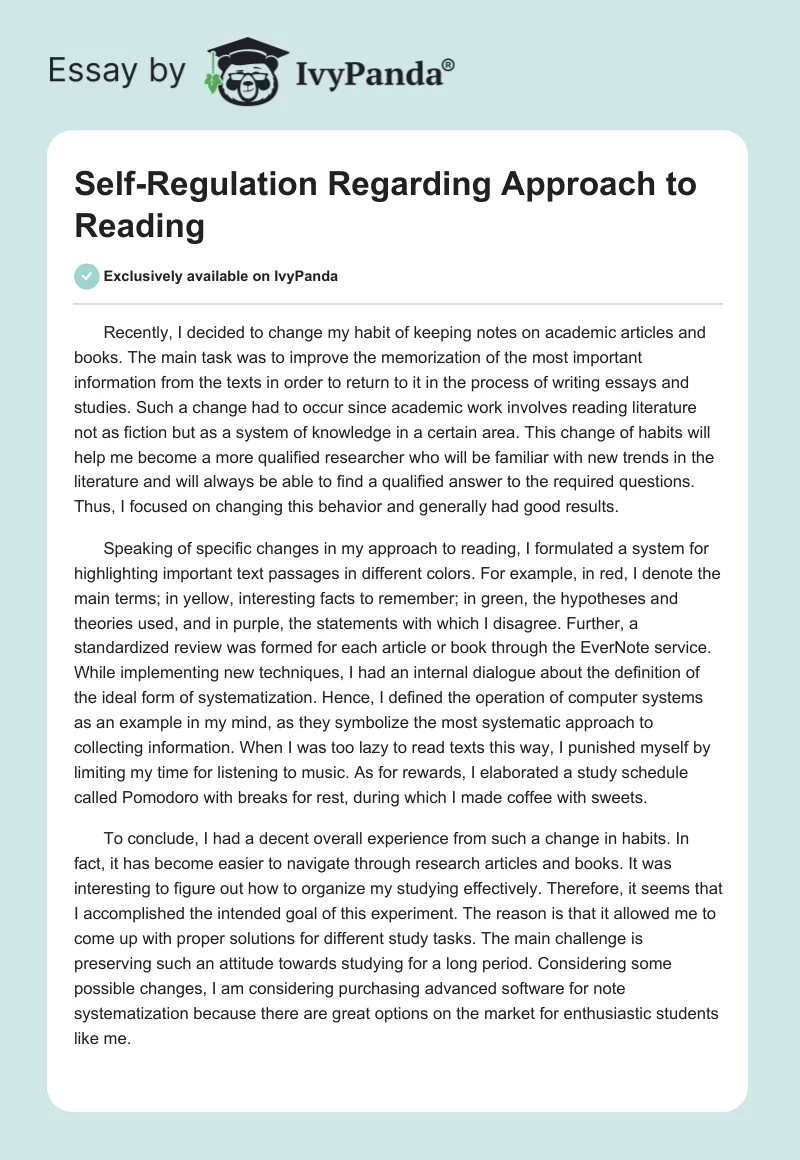 Self-Regulation Regarding Approach to Reading. Page 1