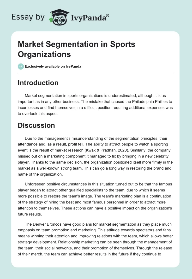 Market Segmentation in Sports Organizations. Page 1