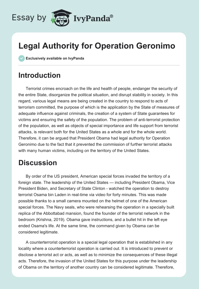 Legal Authority for Operation Geronimo. Page 1