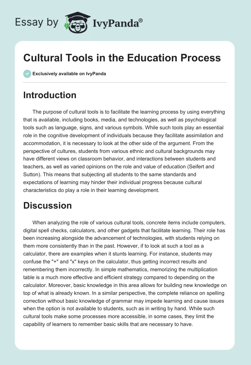 Cultural Tools in the Education Process. Page 1