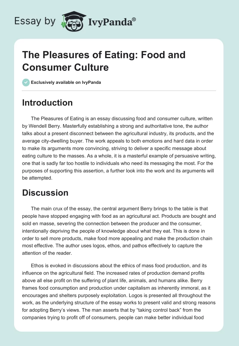 The Pleasures of Eating: Food and Consumer Culture. Page 1