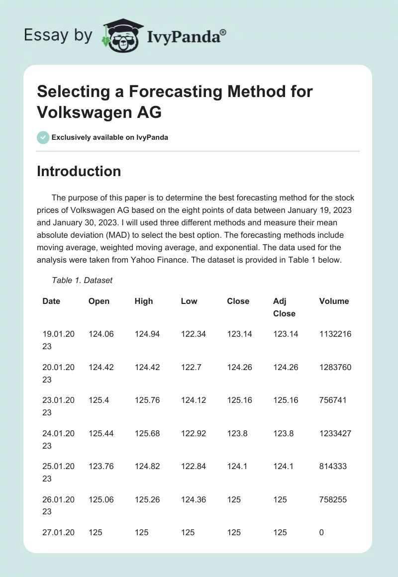 Selecting a Forecasting Method for Volkswagen AG. Page 1