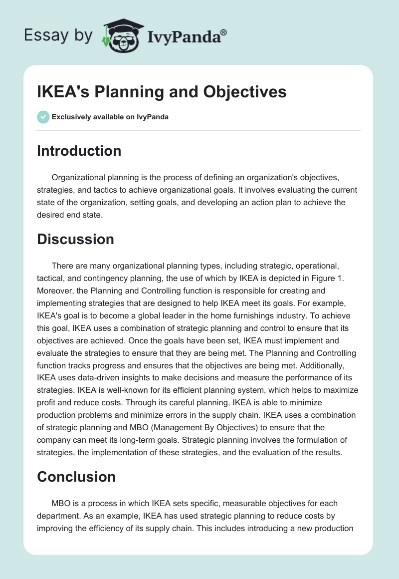 IKEA's Planning and Objectives. Page 1