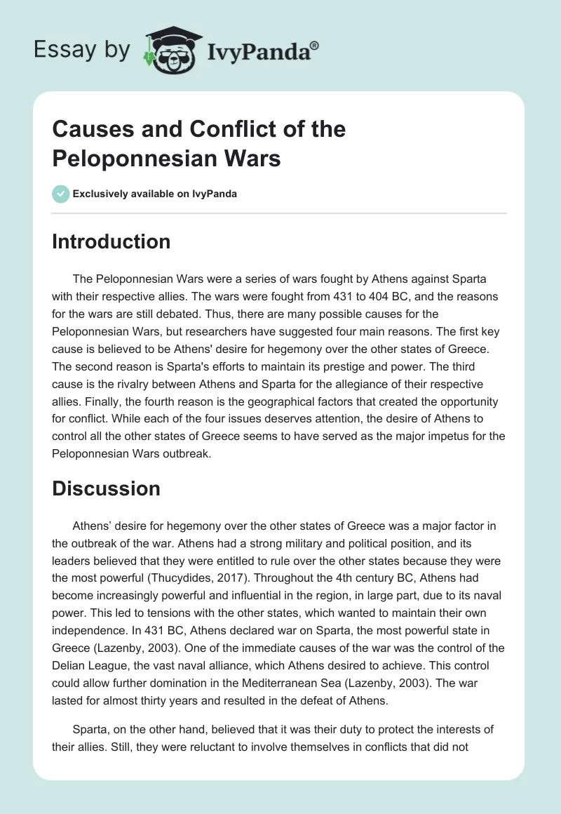 Causes and Conflict of the Peloponnesian Wars. Page 1