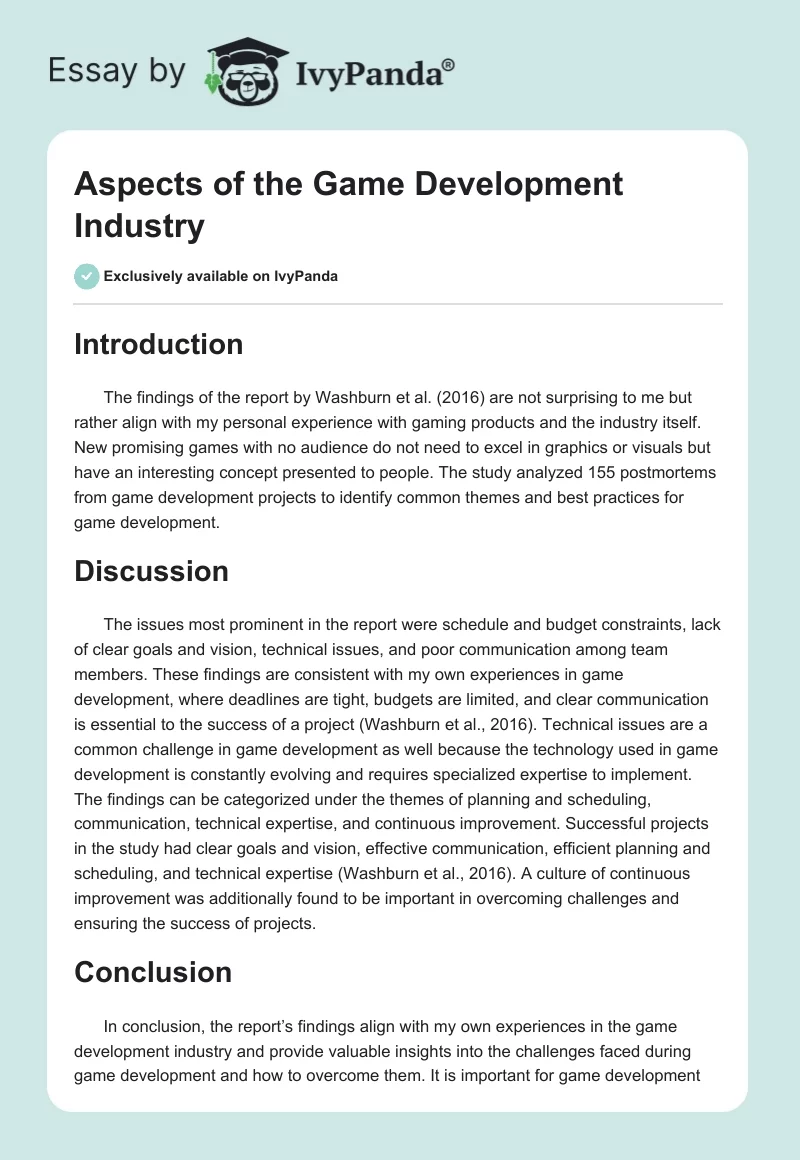 Aspects of the Game Development Industry. Page 1