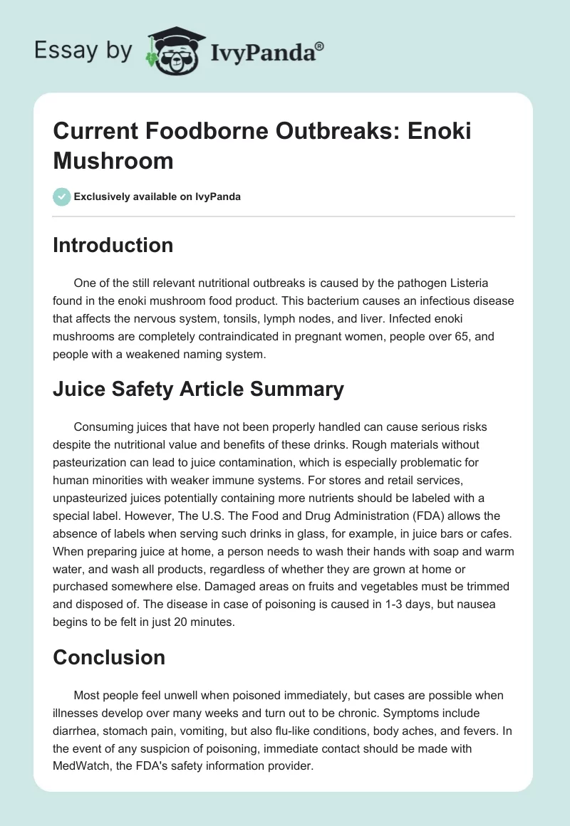 Current Foodborne Outbreaks: Enoki Mushroom. Page 1