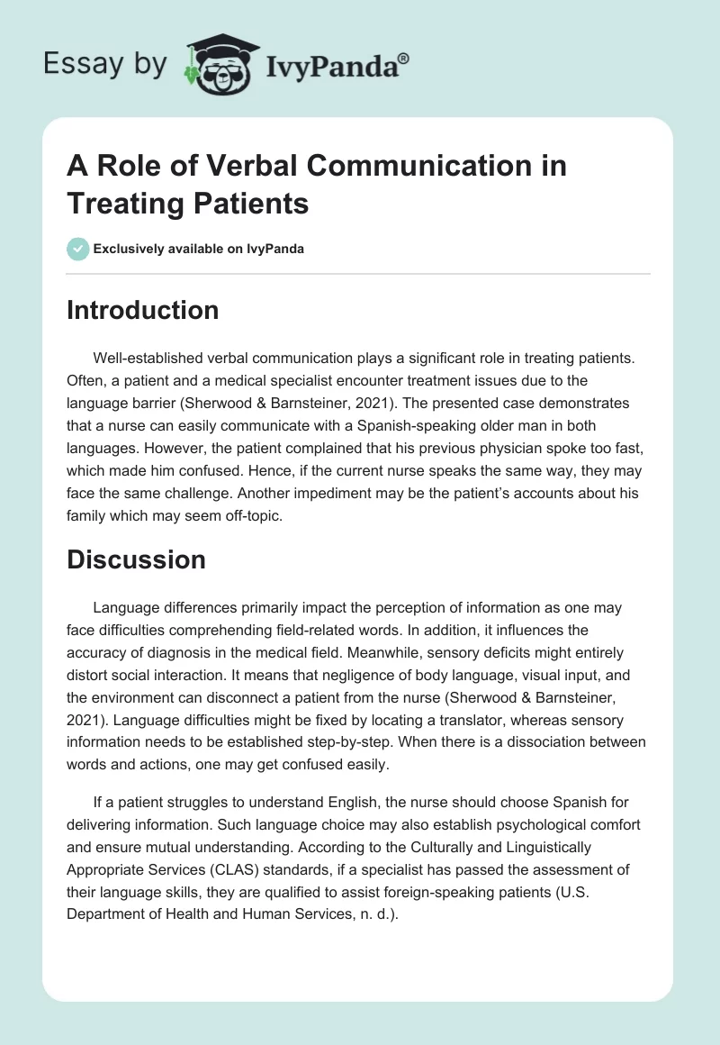 A Role of Verbal Communication in Treating Patients. Page 1