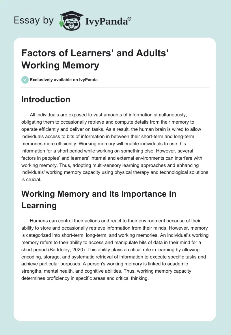 Factors of Learners’ and Adults’ Working Memory. Page 1
