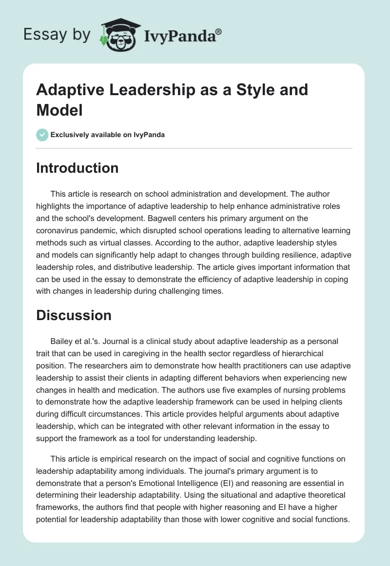 Adaptive Leadership as a Style and Model. Page 1