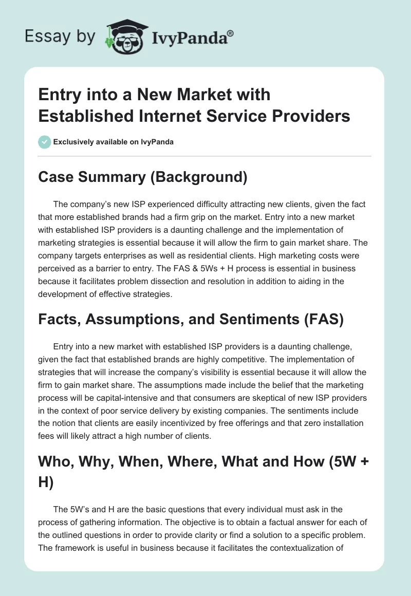 Entry Into a New Market With Established Internet Service Providers. Page 1