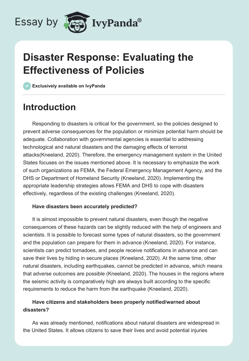 Disaster Response: Evaluating the Effectiveness of Policies. Page 1
