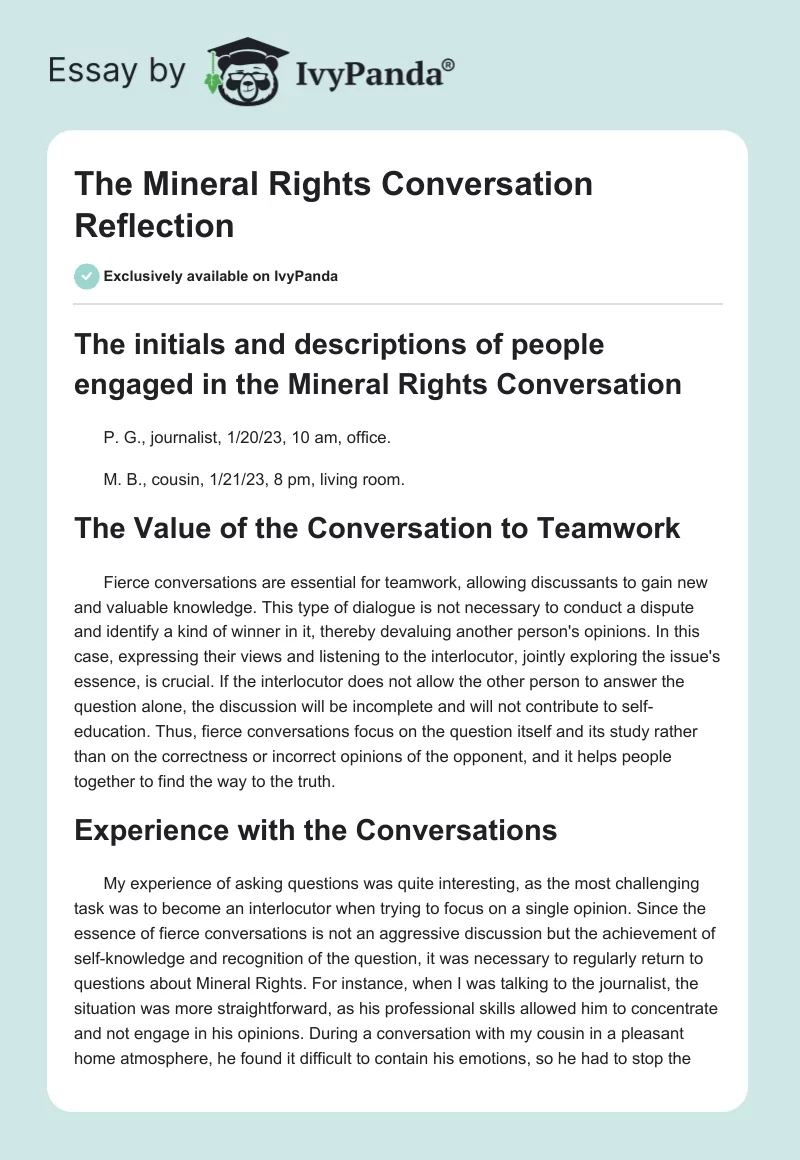 The Mineral Rights Conversation Reflection. Page 1