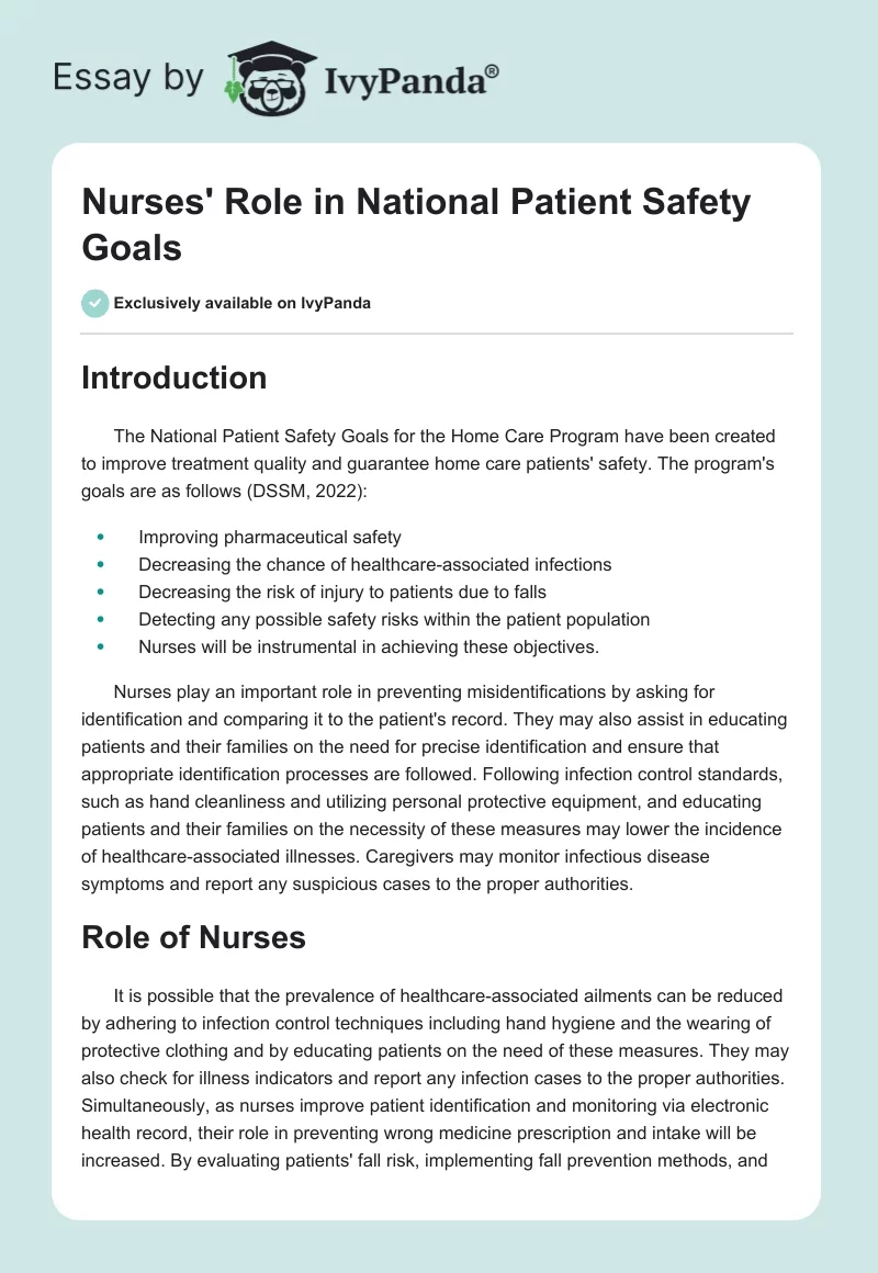 Nurses' Role in National Patient Safety Goals. Page 1
