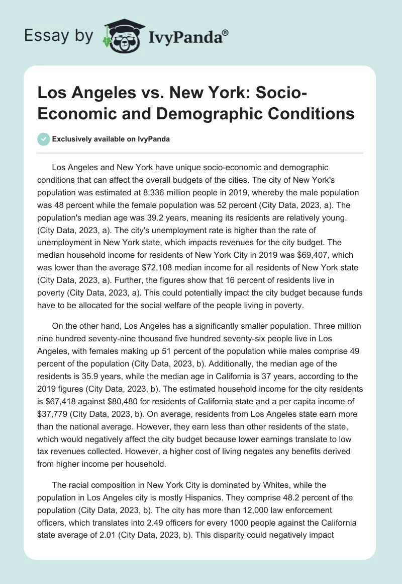 Los Angeles vs. New York: Socio-Economic and Demographic Conditions. Page 1