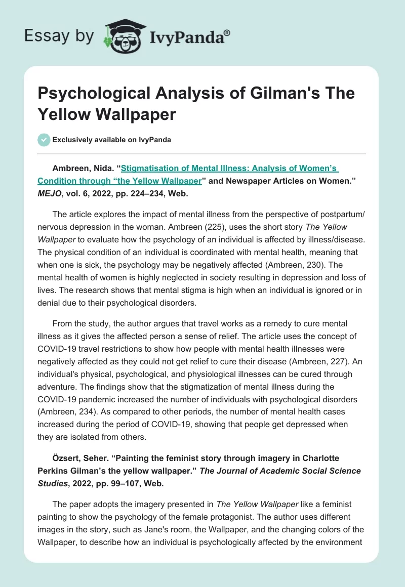 Psychological Analysis of Gilman's The Yellow Wallpaper. Page 1