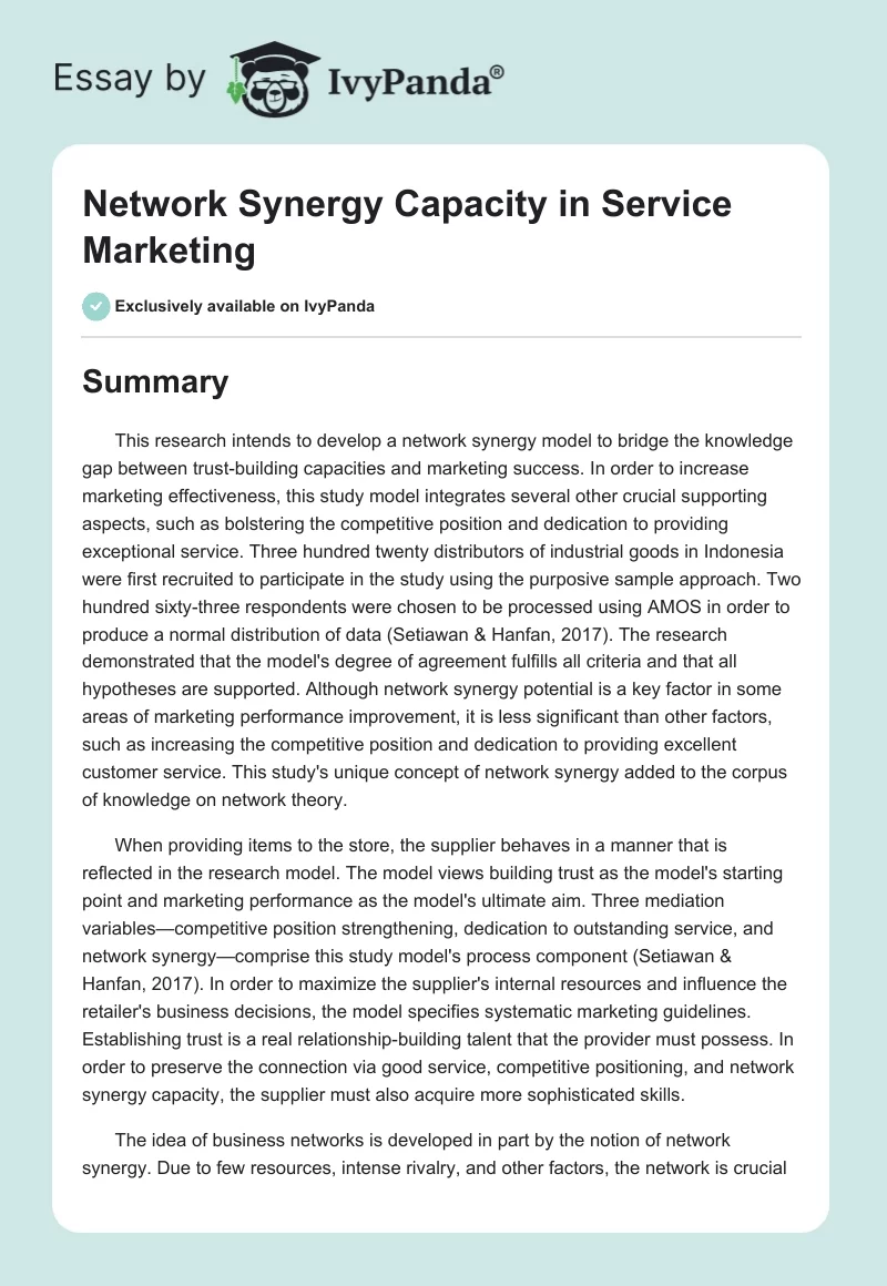 Network Synergy Capacity in Service Marketing. Page 1