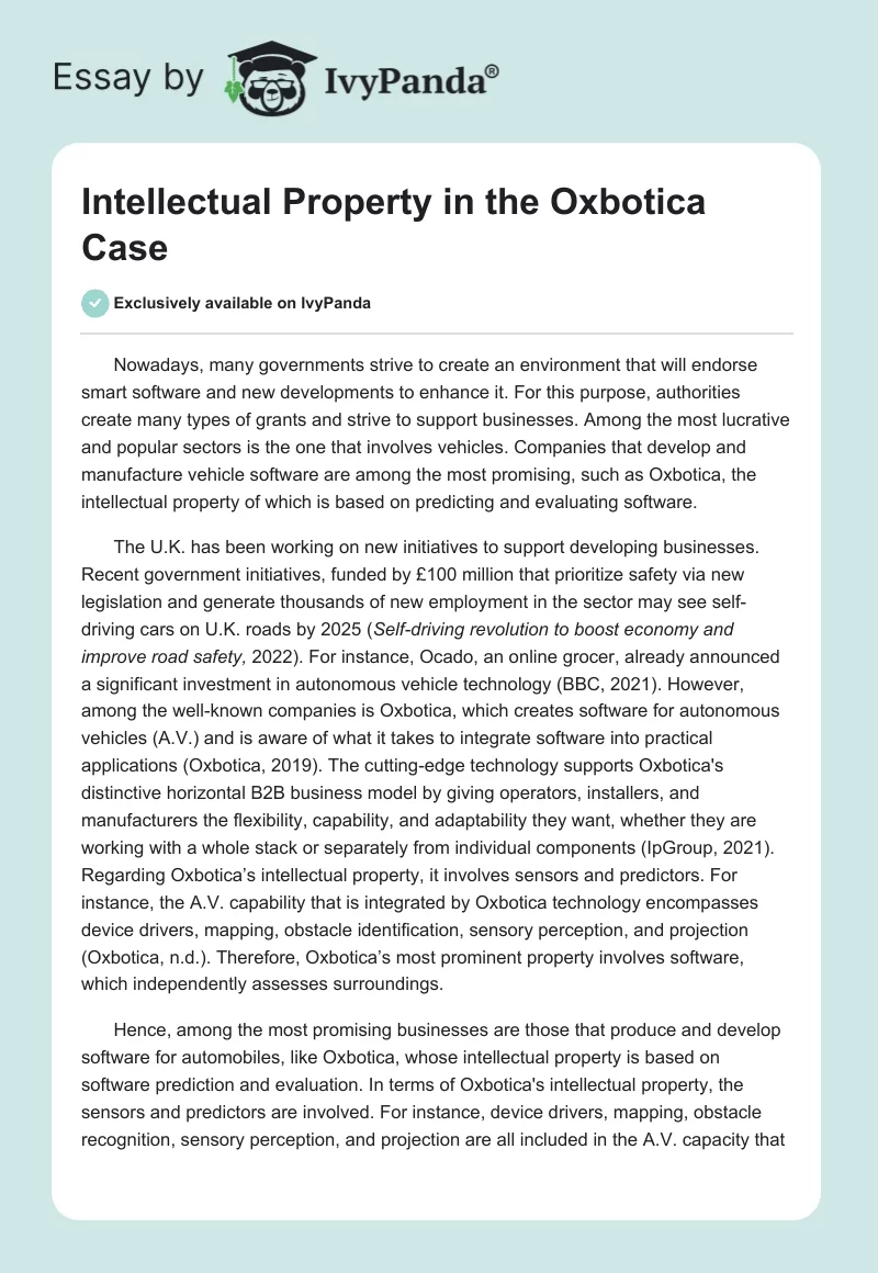 Intellectual Property in the Oxbotica Case. Page 1