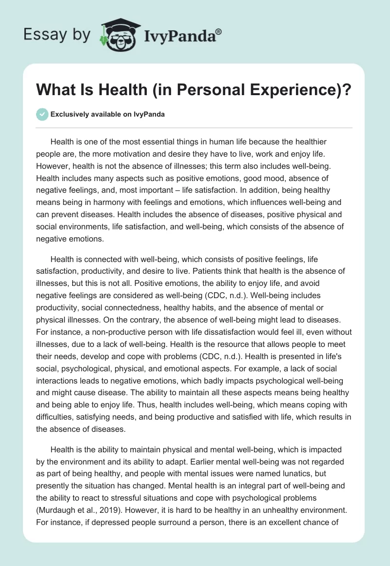 What Is Health (in Personal Experience)?. Page 1