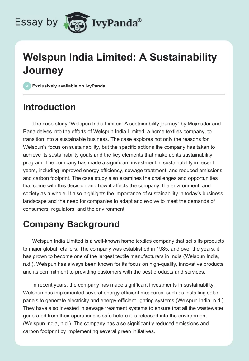 Welspun India Limited: A Sustainability Journey. Page 1