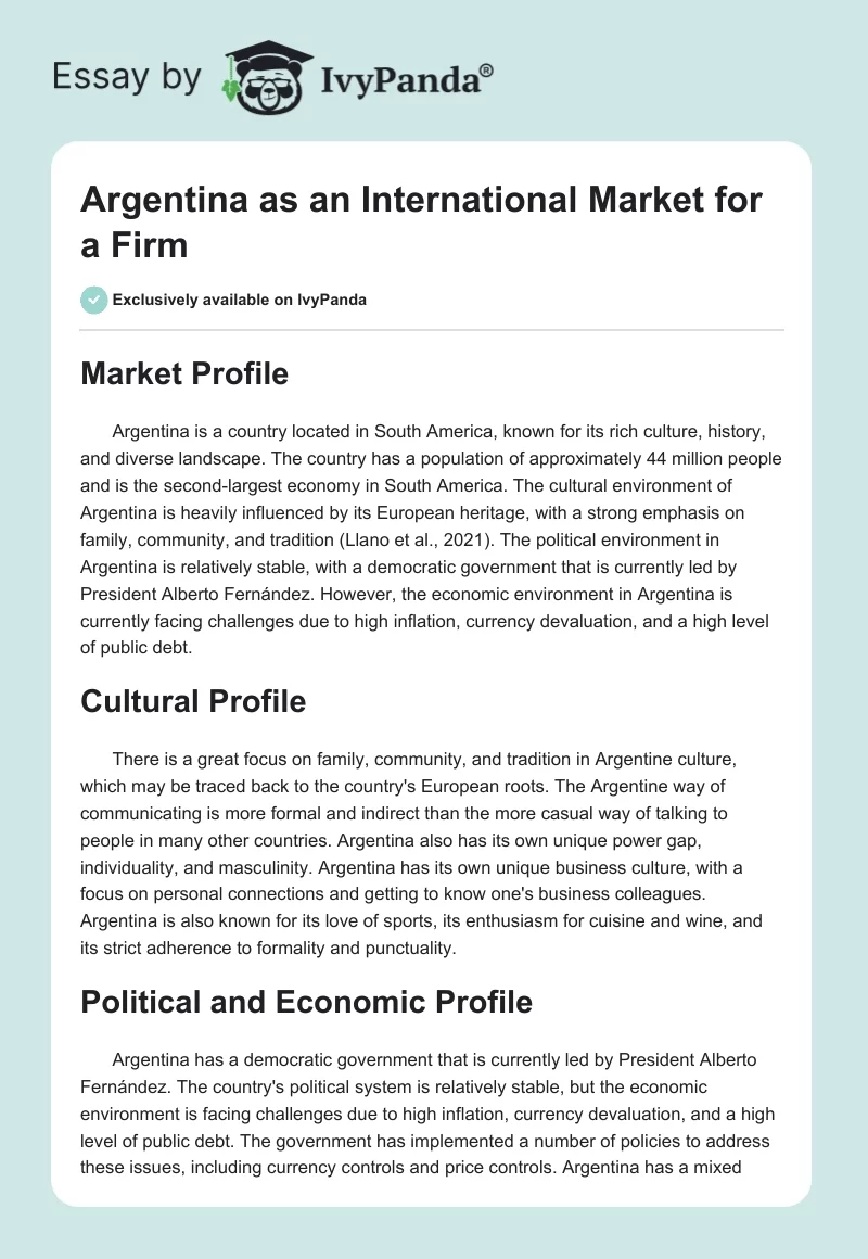 Argentina as an International Market for a Firm. Page 1