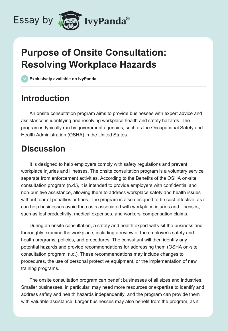 Purpose of Onsite Consultation: Resolving Workplace Hazards. Page 1