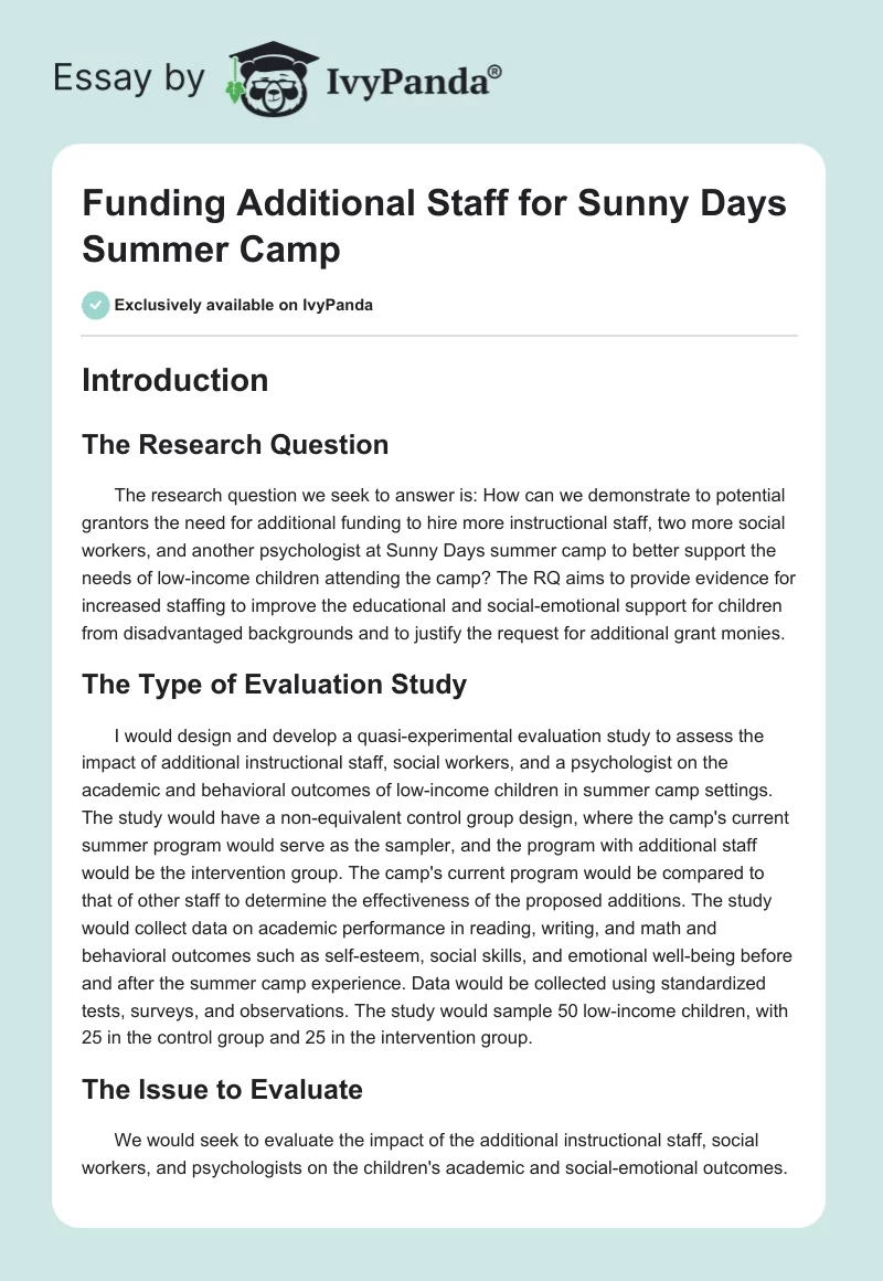 Funding Additional Staff for Sunny Days Summer Camp. Page 1