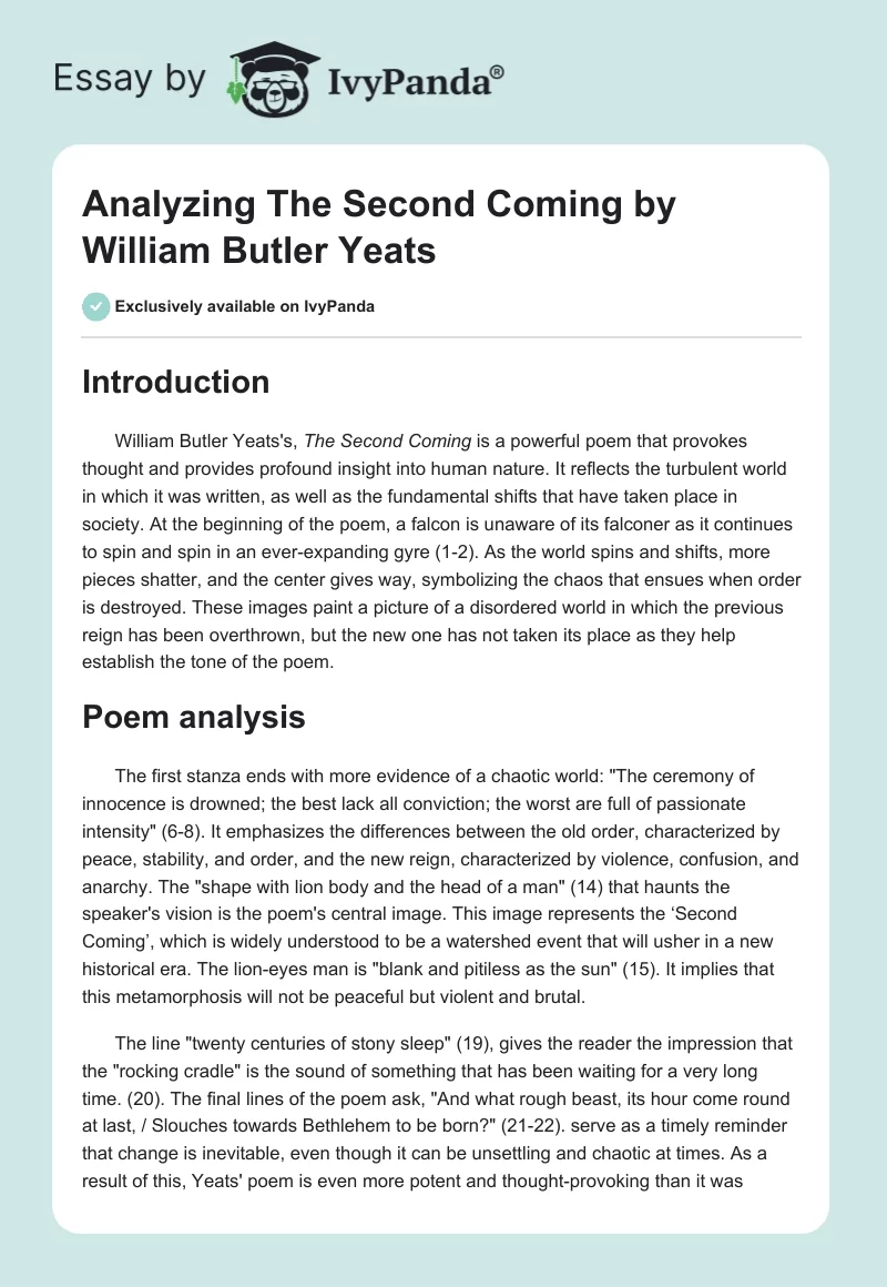 Analyzing "The Second Coming" by William Butler Yeats. Page 1