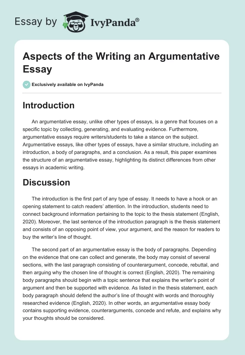 Aspects of the Writing an Argumentative Essay. Page 1