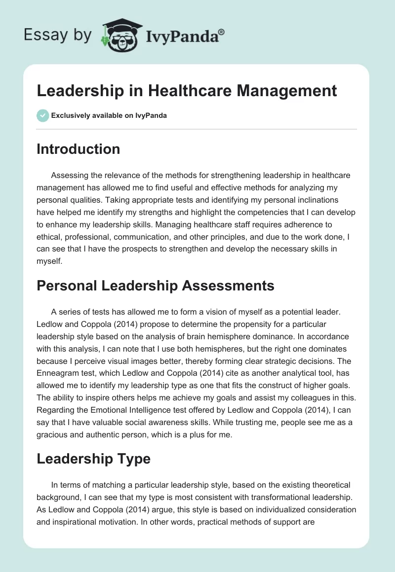 Leadership in Healthcare Management. Page 1