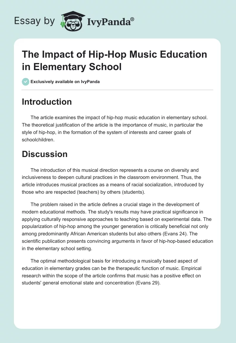 The Impact of Hip-Hop Music Education in Elementary School. Page 1