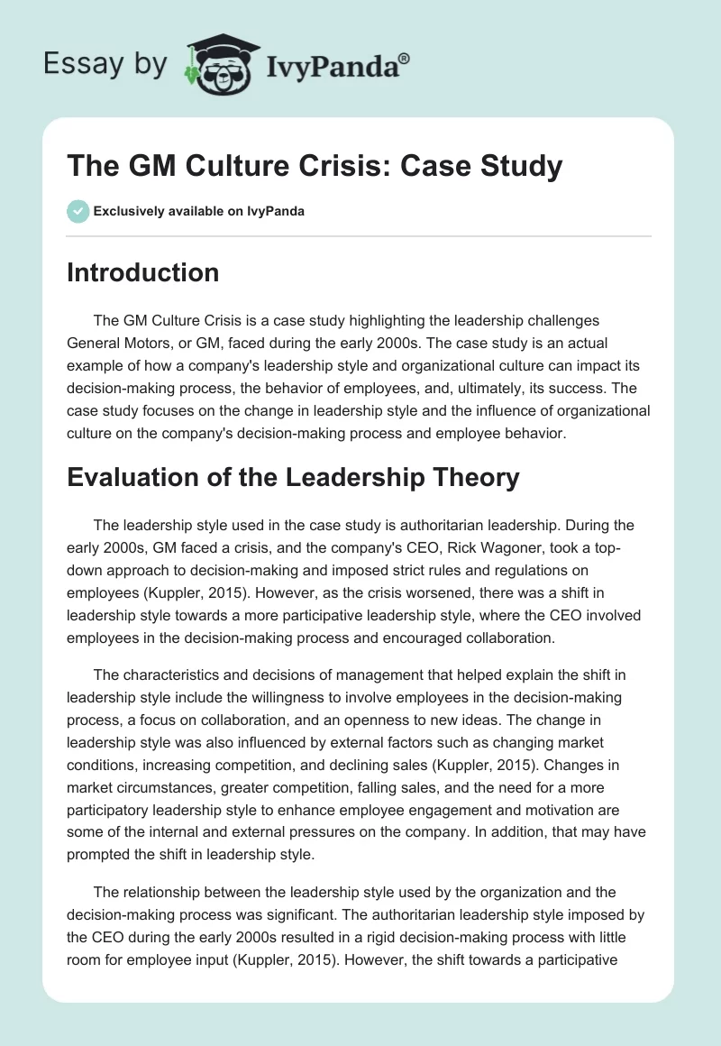 The GM Culture Crisis: Case Study. Page 1