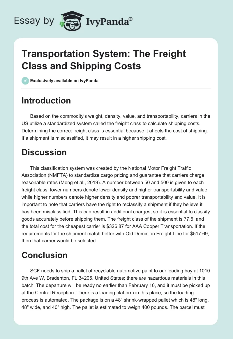 Transportation System: The Freight Class and Shipping Costs. Page 1