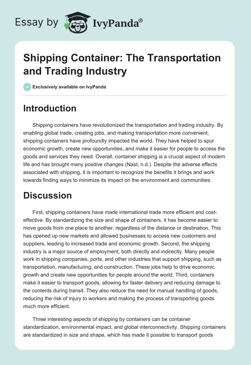 Shipping Container: The Transportation and Trading Industry. Page 1