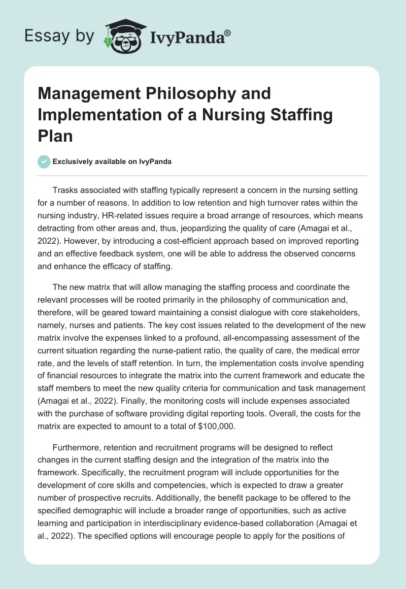 Management Philosophy and Implementation of a Nursing Staffing Plan. Page 1