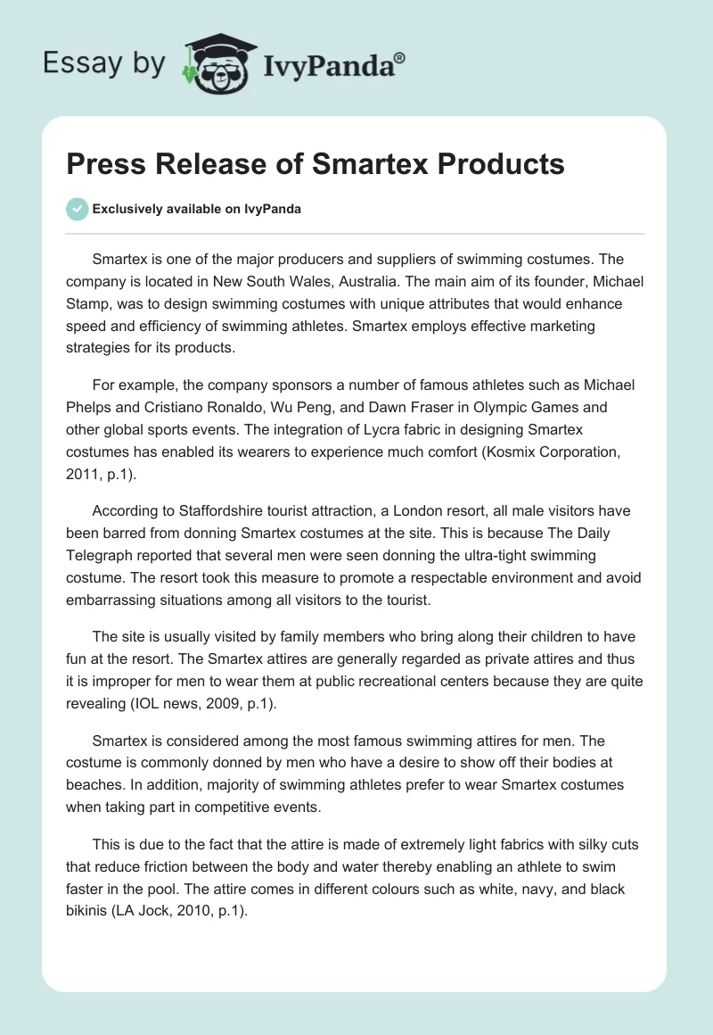 Press Release of Smartex Products. Page 1