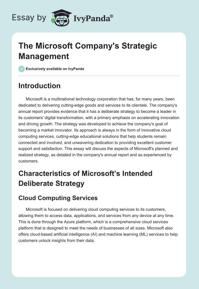 The Microsoft Company's Strategic Management. Page 1