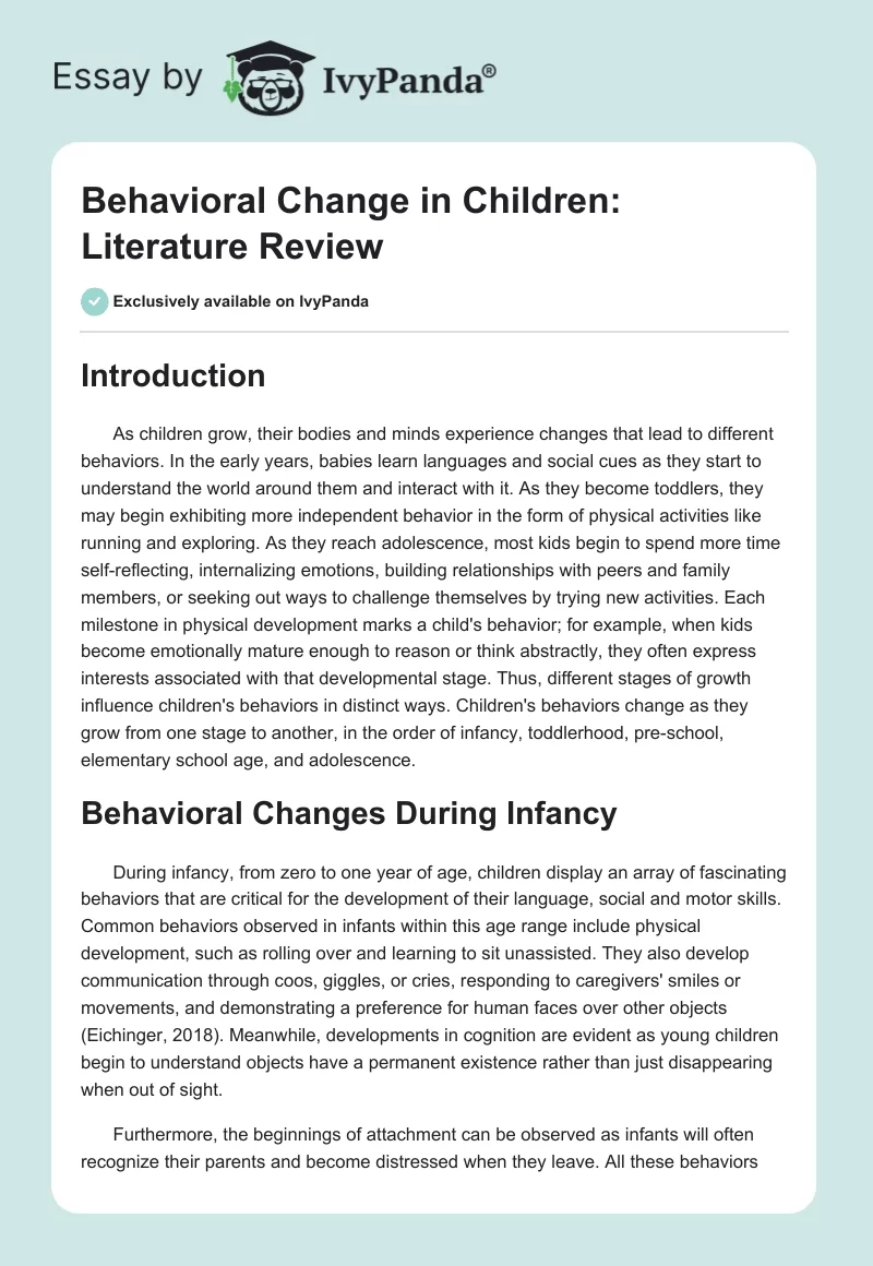 Behavioral Change in Children: Literature Review. Page 1