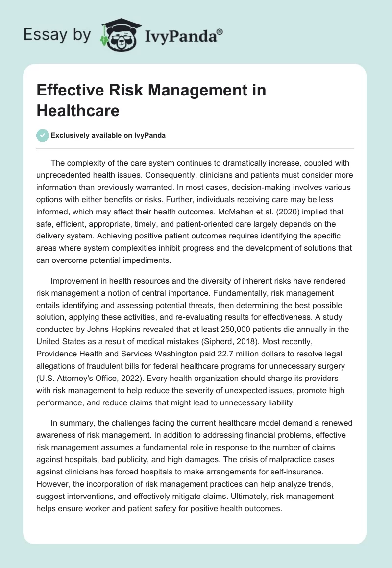 Effective Risk Management in Healthcare. Page 1