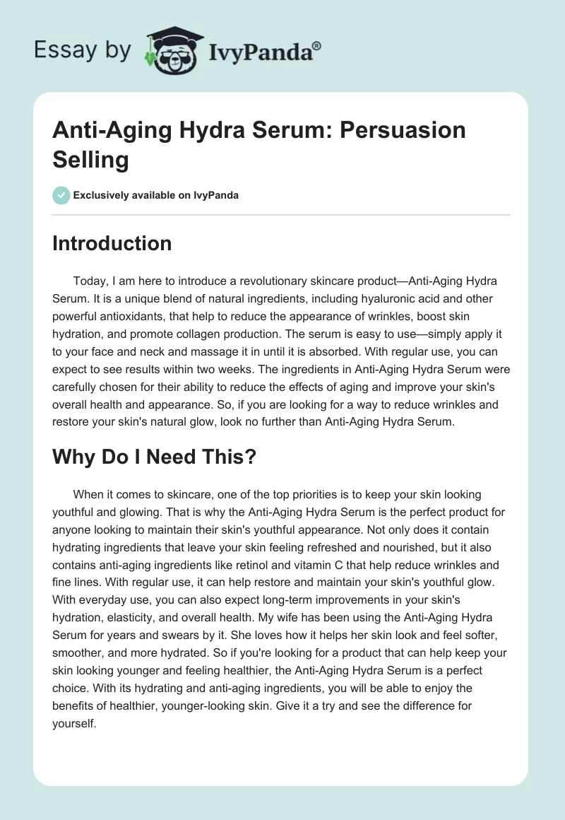 Anti-Aging Hydra Serum: Persuasion Selling. Page 1