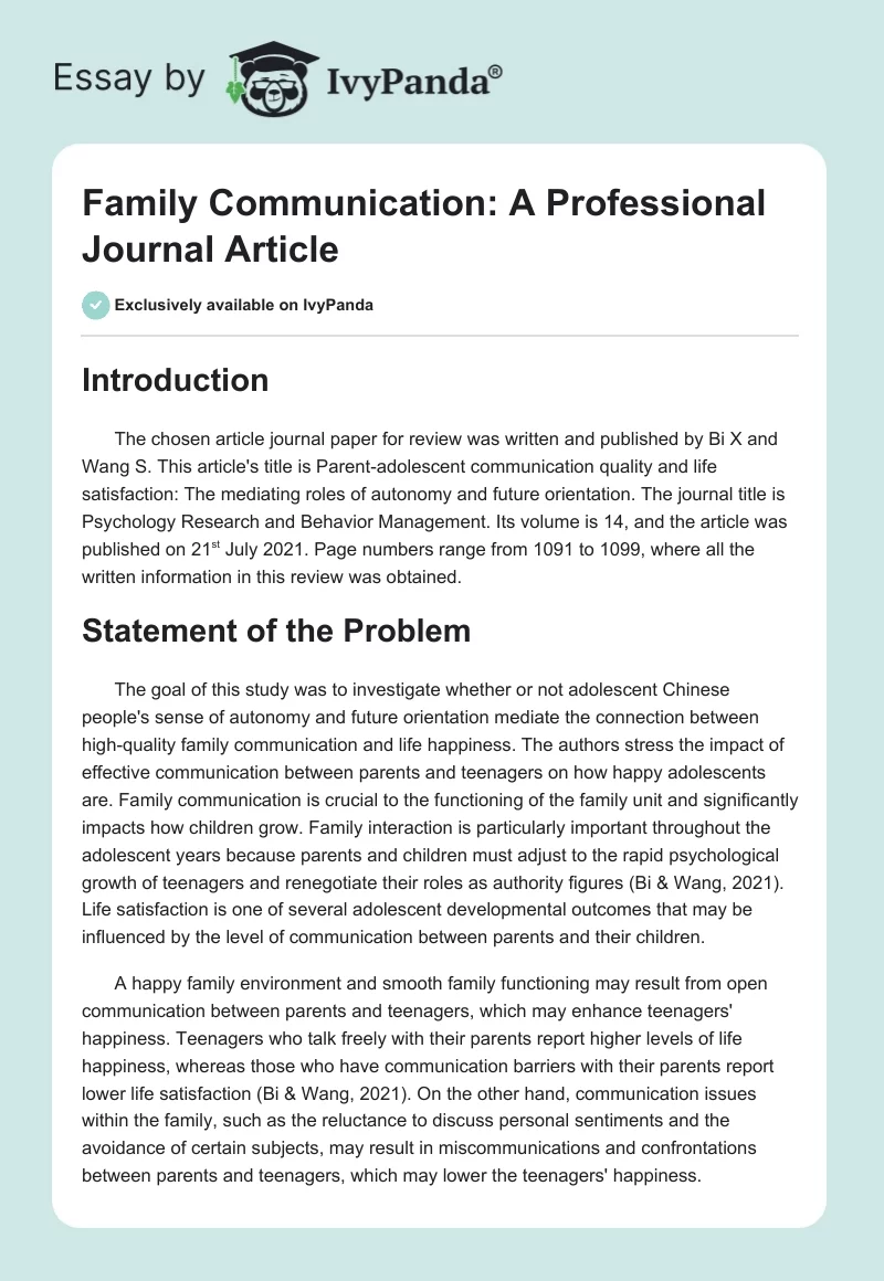 Family Communication: A Professional Journal Article. Page 1