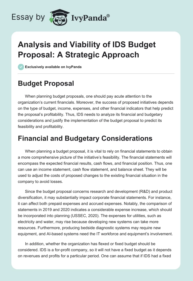 Analysis and Viability of IDS Budget Proposal: A Strategic Approach. Page 1