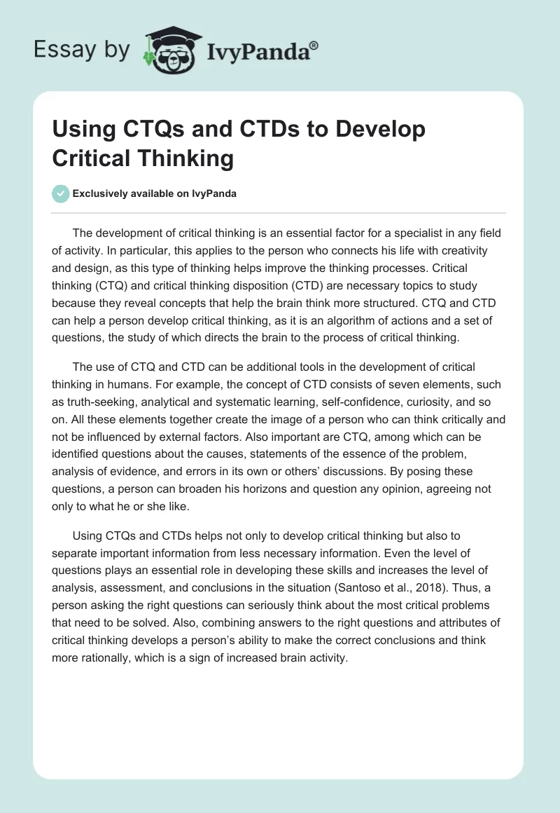 Using CTQs and CTDs to Develop Critical Thinking. Page 1