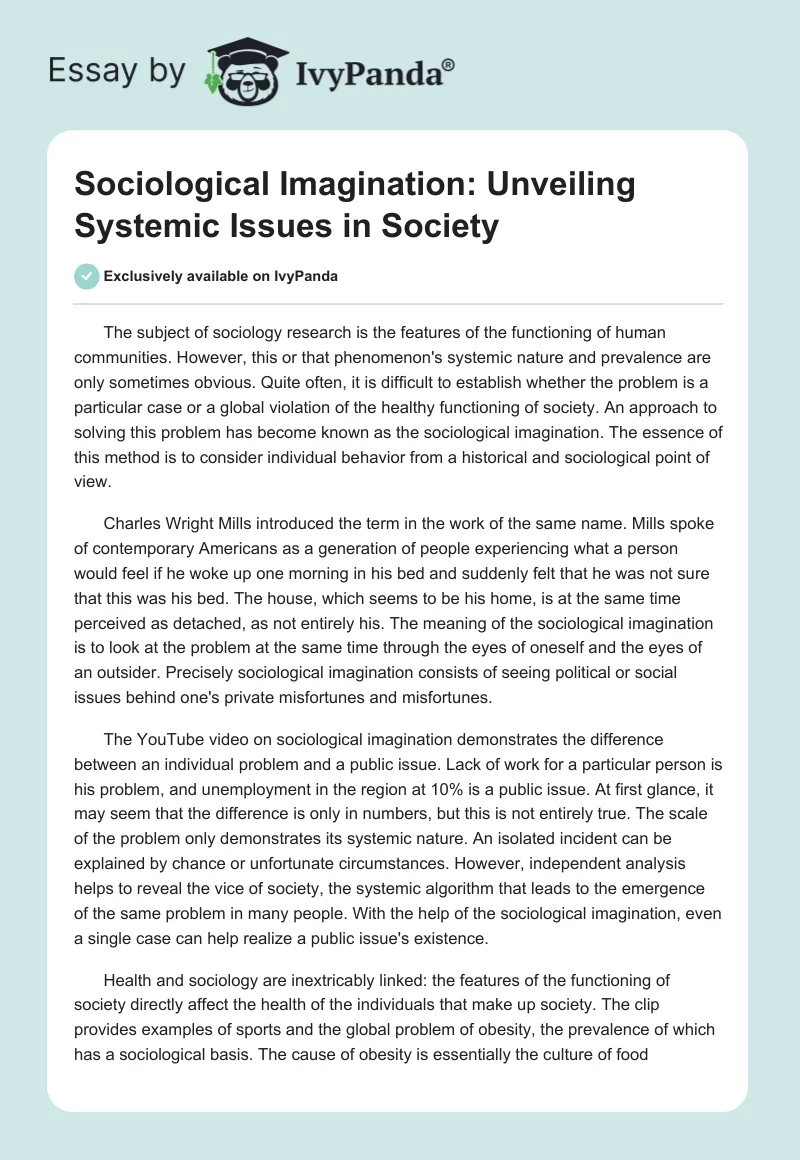 Sociological Imagination: Unveiling Systemic Issues in Society. Page 1